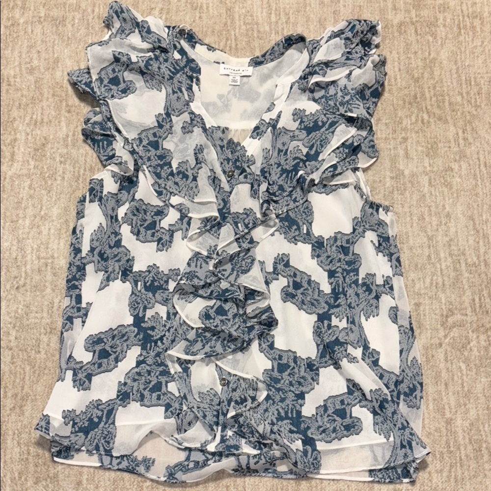XS small Current Air sleeveless top ruffle sleeves blue and white Anthropologie